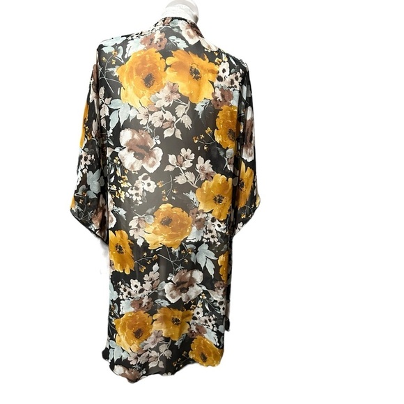 Emory Park Women Yellow & Black Floral Print Kimono Wrap Beach Cover Up Size L - Picture 2 of 4